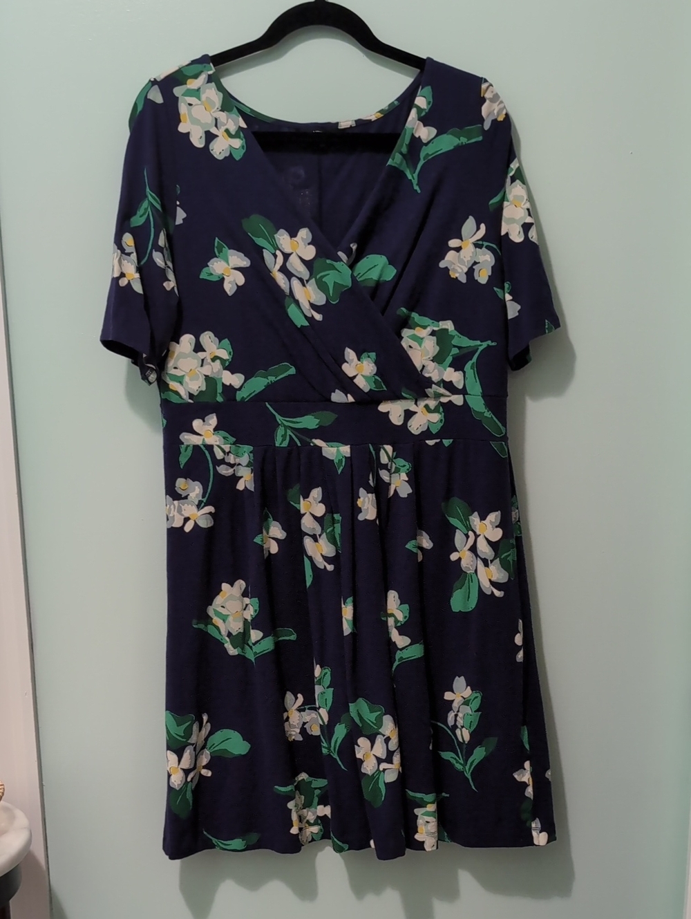 Lands' End Navy Floral V-Neck Fit-and-Flare Midi Dress